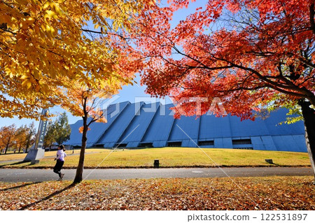 Nagano Autumn M-Wave Runners run through the forest of the arena with vibrant red and yellow autumn leaves Nagano Autumn M-Wave Runners run through the forest of the arena with vibrant red and yellow autumn leaves 122531897