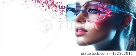 Woman wearing futuristic smart glasses with pixelated glitch effect, augmented reality concept 122532015