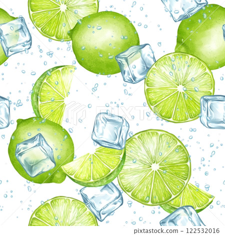 Seamless pattern with limes and ice cubes. Hand drawn vibrant background. Design for wrapping paper, cards, textile and etc. 122532016