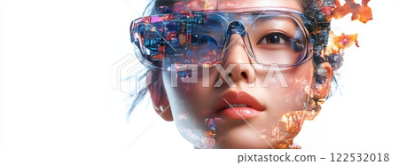 Woman wearing futuristic smart glasses experiencing augmented reality 122532018