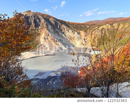 Jigokudani, a hidden gem in Hokkaido's Noboribetsu Onsen - a spectacular view during the autumn foliage season Jigokudani, a hidden gem in Hokkaido's Noboribetsu Onsen - a spectacular view during the autumn foliage season 122532363