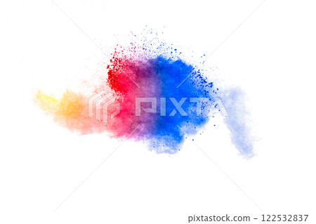 Colorful explosion of paint is splattered across a white background. The colors are bright and vibrant. 122532837