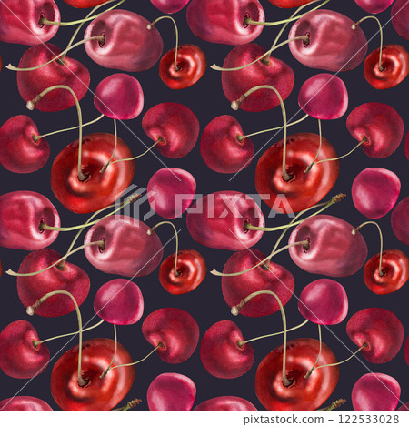 Sweet sour red cherry berries on stems, hand drawn in watercolor, scattered ripe cerise drupes. Seamless pattern illustration isolated on dark. Restaurant, cafe dessert menu, wedding, farmers market Sweet sour red cherry berries on stems, hand drawn in watercolor, scattered ripe cerise drupes. Seamless pattern illustration isolated on dark. Restaurant, cafe dessert menu, wedding, farmers market 122533028
