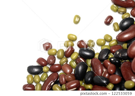 A Close Up of Dried Mixed Beans and Pulses on a White Background 122533059