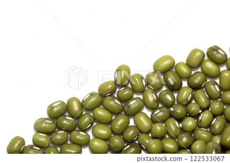 A Close Up of Dried Mixed Beans and Pulses on a White Background 122533067