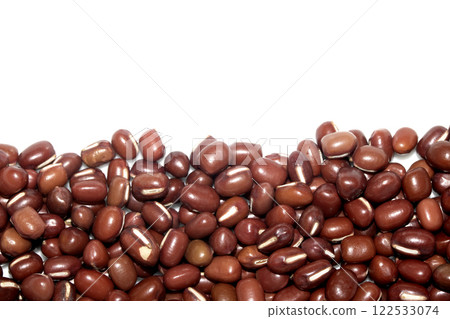 A Close Up of Dried Mixed Beans and Pulses on a White Background 122533074
