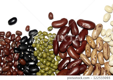 A Close Up of Dried Mixed Beans and Pulses on a White Background 122533093