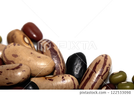 A Close Up of Dried Mixed Beans and Pulses on a White Background A Close Up of Dried Mixed Beans and Pulses on a White Background 122533098
