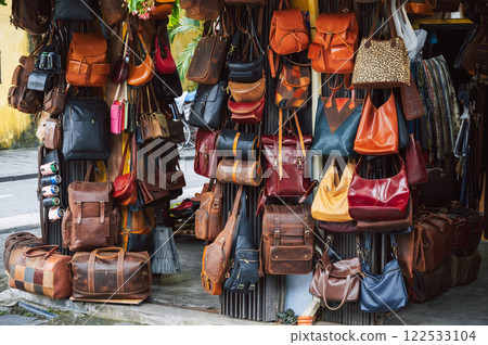 leather bags and accessories store in Hoi An market in Vietnam leather bags and accessories store in Hoi An market in Vietnam 122533104