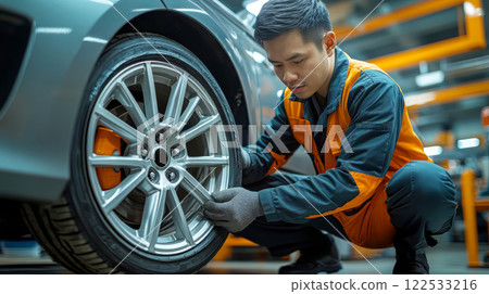 Asian automotive technician in uniform is inspecting tyre on customer vehicle in automobile workshop. Maintenance on vehicle wheels. Car repair shop. 122533216