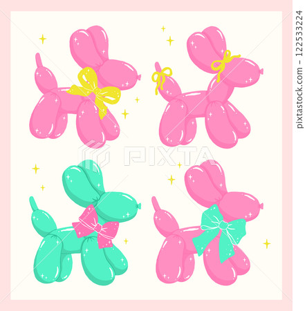 Groovy Coquette Balloon Dog with bow in Bold Vibrant Pastel Minimalist Flat Design set 122533224