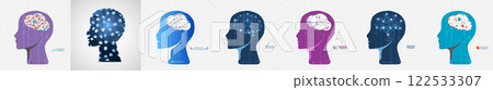 Collection of seven android heads. Image of artificial intelligence. Vector. Collection of seven android heads. Image of artificial intelligence. Vector. 122533307