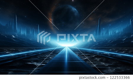 Glowing road into virtual reality or cyberspace, abstract minimal dark background. Future cyber metro railway on black. Abstract high technology lines connect, future High-tech Space. 122533366