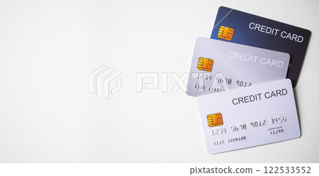 Credit cards on white background. Credit cards banner with copy space. Credit cards on white background. Credit cards banner with copy space. 122533552