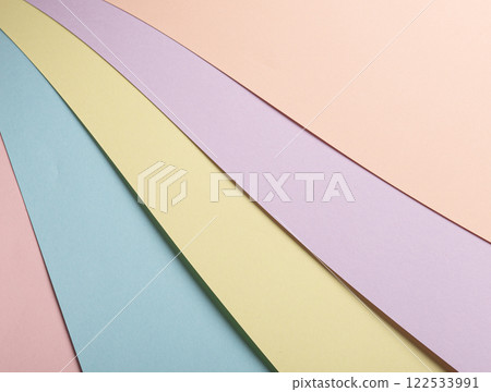 Pastel abstract geometric paper background with striped patterns in pink, blue, yellow, lavender, 122533991