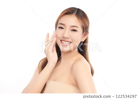 Beautiful young asian woman with clean fresh skin on white background, Face care, Facial treatment, Cosmetology, beauty and spa, Asian women portrait. 122534297