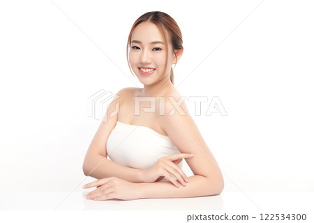 Beautiful young asian woman with clean fresh skin on white background, Face care, Facial treatment, Cosmetology, beauty and spa, Asian women portrait. 122534300