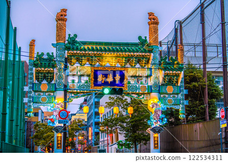 Yokohama cityscape in Japan - February 1, 2025: View of Yokohama Chinatown, Enpeimon Gate, and Chinatown Nishimon Street, where the White Tiger appears. 122534311