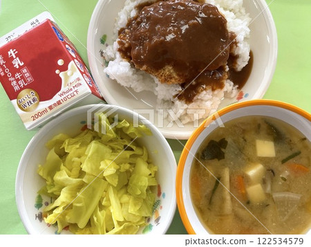 Elementary school lunch: pork cutlet rice Elementary school lunch: pork cutlet rice 122534579