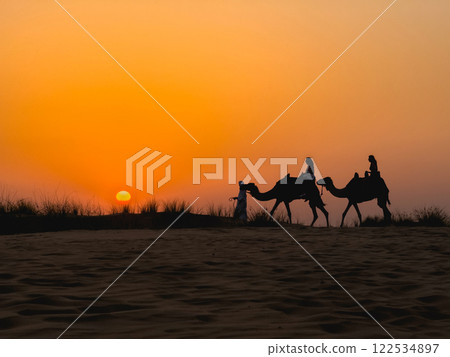 Camel Caravan at Sunset in the Dubai. 122534897