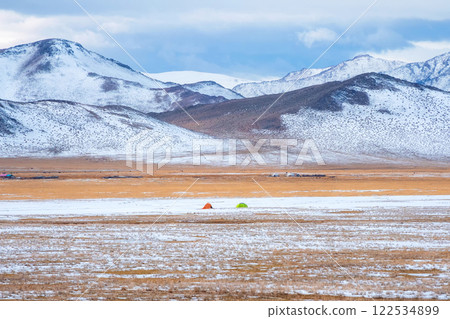Two tents on the background of high Mongolian mountains. 122534899