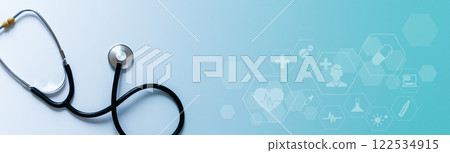 Medical background. Stethoscope on light background of clinic. Healthcare, analysis, therapy technologies Medical background. Stethoscope on light background of clinic. Healthcare, analysis, therapy technologies 122534915