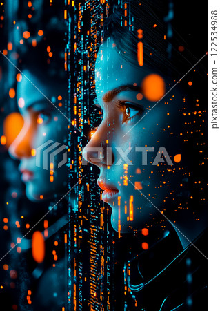 A woman looking out of a window with a futuristic interface in the background 122534988