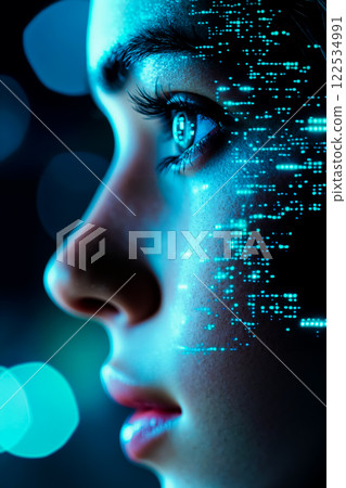A close up of a woman's face with a futuristic interface on her face 122534991