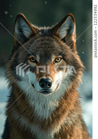 A close up of a wolf's face in the snow 122534992