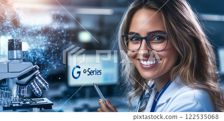 Smiling doctor working with advanced medical technology and software 122535068