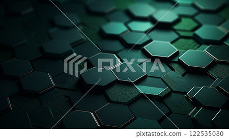 Dark green abstract background, textured by hexagons. Perforated with hexs. Hex shapes. High-tech texture 122535080