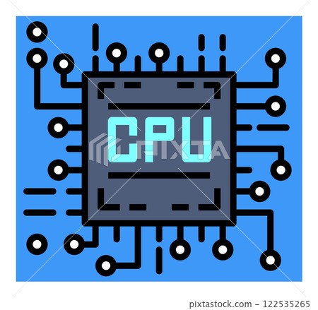 Illustration of a CPU, which performs calculations in the electronic circuits that determine the performance of a computer 122535265