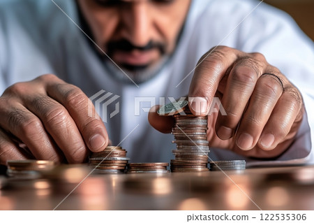 Businessman stacking coins, building financial success 122535306