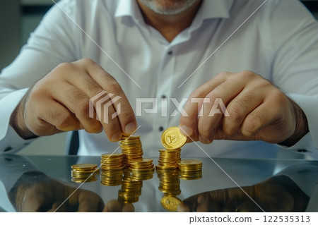 Businessman stacking gold coins at office desk Businessman stacking gold coins at office desk 122535313