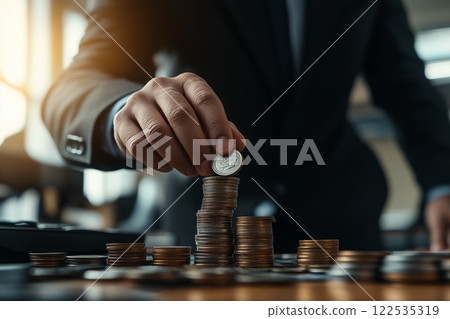 Businessman stacking coins on wooden table for increasing investment 122535319