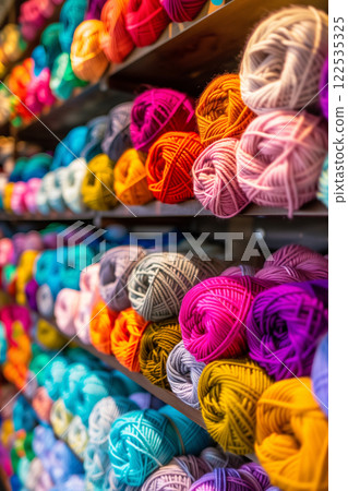 A vibrant collection of yarn balls in various colors neatly arranged on wooden shelves, perfect for knitting and crafting A vibrant collection of yarn balls in various colors neatly arranged on wooden shelves, perfect for knitting and crafting 122535325