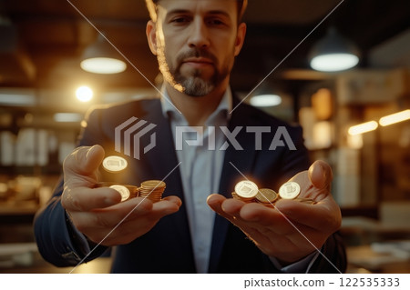 Businessman holding shiny coins in both hands 122535333