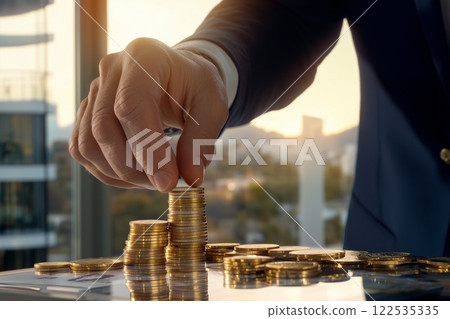 Businessman stacking gold coins on glass desk in office at sunset Businessman stacking gold coins on glass desk in office at sunset 122535335