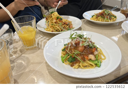 Plate of japanese pasta on table. Plate of japanese pasta on table. 122535612
