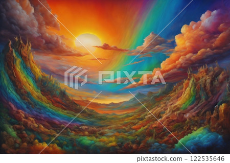 Escape to Reality. Abstract arrangement of surreal sunset sunrise colors and textures on the subject of landscape painting, imagination, creativity and art. Created with generative AI tools 122535646