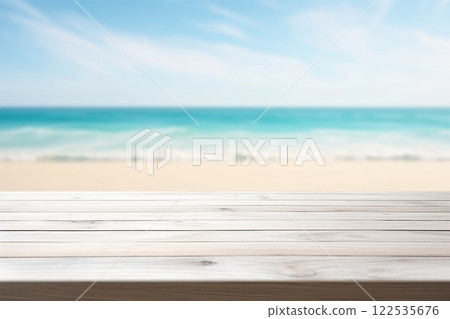 White wood table top on blur beach background, can be used for display or montage your products. Created with generative AI tools 122535676