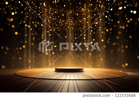 A podium on a wooden stage, surrounded by floating golden particles against a black background, exudes a festive, celebratory mood. Created with generative AI tools A podium on a wooden stage, surrounded by floating golden particles against a black background, exudes a festive, celebratory mood. Created with generative AI tools 122535686