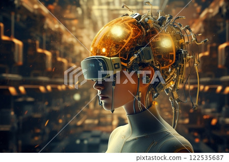 A person wearing a large headset made of various electronic devices. Created with generative AI tools A person wearing a large headset made of various electronic devices. Created with generative AI tools 122535687