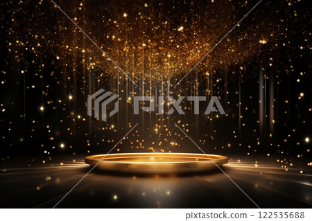 Positioned on a wooden stage, a podium stands amidst shimmering golden particles against a dark background, emanating a festive and celebratory atmosphere. Created with generative AI tools Positioned on a wooden stage, a podium stands amidst shimmering golden particles against a dark background, emanating a festive and celebratory atmosphere. Created with generative AI tools 122535688