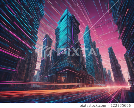 Interplay of abstract building structures and light trails on the subject of dynamism in modern technologies and business. Created with generative AI tools Interplay of abstract building structures and light trails on the subject of dynamism in modern technologies and business. Created with generative AI tools 122535696