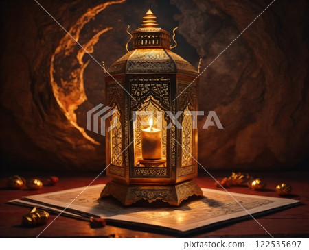 ornamental Arabic lantern with an illuminated candle at night, suitable for festive greeting cards or Muslim holy month Ramadan Kareem invitations. Created with generative AI tools 122535697