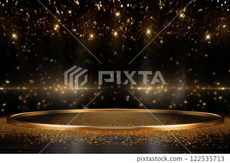 A podium on a wooden stage, surrounded by floating golden particles against a black background, exudes a festive, celebratory mood. Created with generative AI tools 122535713