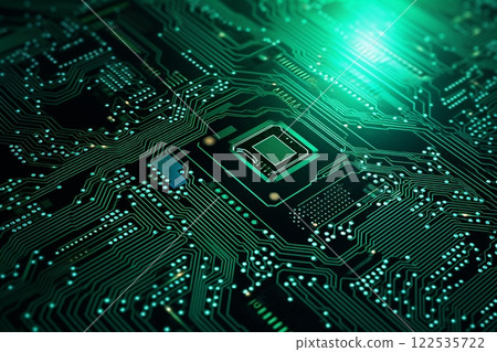A complex circuit board adorned with gold and copper traces on a dark background, imbuing it with a futuristic essence a striking circuit board background. Created with generative AI tools 122535722