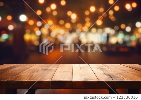 In the foreground, a wooden table is highlighted against an abstract and blurred restaurant lights background, setting the mood for an evening of culinary delights. Created with generative AI tools In the foreground, a wooden table is highlighted against an abstract and blurred restaurant lights background, setting the mood for an evening of culinary delights. Created with generative AI tools 122536010
