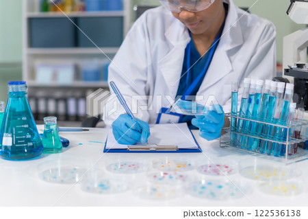 Healthcare professional holding vaccine in laboratory study and analyze scientific sample of  antibody. 122536138